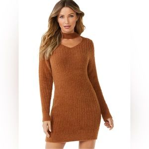 NWT Sofia V-neck ribbed fuzzy/furry dress, brown long sleeve size small Bodycon